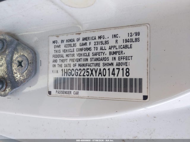 Aukcja sprzedaży 2000 Honda Accord 3.0 Ex, vin: 1HGCG225XYA014718, numer aukcji: 45550600