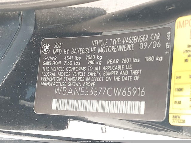 45550606 :رقم المزاد ، WBANE53577CW65916 vin ، 2007 Bmw 525i مزاد بيع