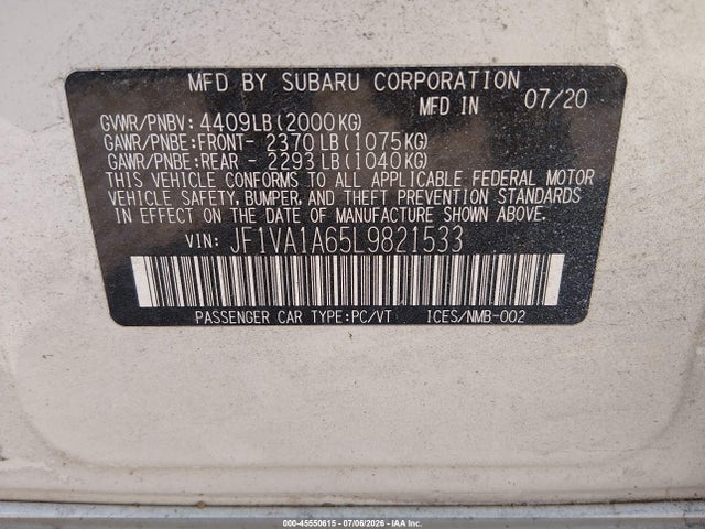 Продажа на аукционе авто 2020 Subaru Wrx, vin: JF1VA1A65L9821533, номер лота: 45550615