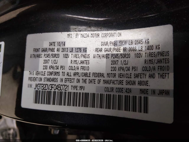 45550617 :رقم المزاد ، JM3TB2DV3F0450721 vin ، 2015 Mazda Cx-9 Grand Touring مزاد بيع