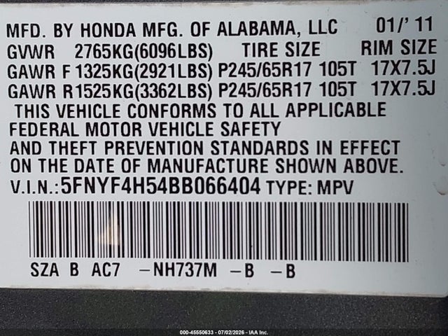 Auction sale of the 2011 Honda Pilot Ex-l, vin: 5FNYF4H54BB066404, lot number: 45550633