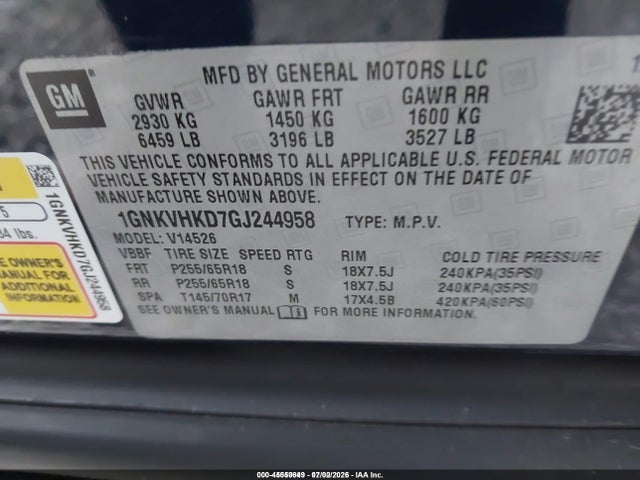 Aukcja sprzedaży 2016 Chevrolet Traverse 2lt, vin: 1GNKVHKD7GJ244958, numer aukcji: 45550649