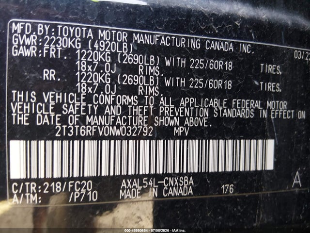 Aukcja sprzedaży 2022 Toyota Rav4 Hybrid Se, vin: 2T3T6RFV0NW032792, numer aukcji: 45550654