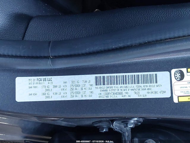 2019 Ram 1500 მანქანა იყიდება აუქციონზე, vin: 1C6SRFHT3KN839685, აუქციონის ნომერი: 45550667