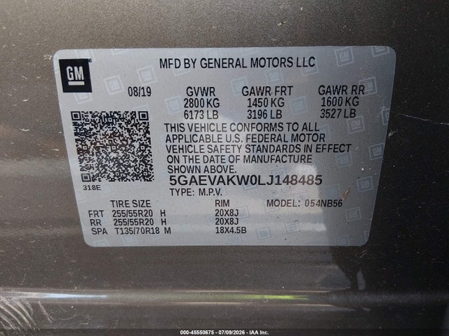 45550675 :رقم المزاد ، 5GAEVAKW0LJ148485 vin ، 2020 Buick Enclave Awd Essence مزاد بيع