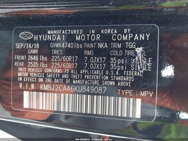 45550676 :رقم المزاد ، KM8J2CA46KU849087 vin ، 2019 Hyundai Tucson Se مزاد بيع