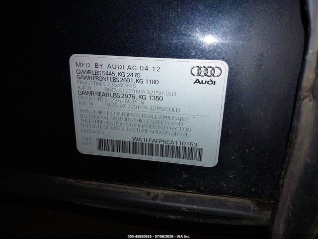 Продаж на аукціоні авто 2012 Audi Q5 2.0t Premium, vin: WA1LFAFP5CA110153, номер лоту: 45550685