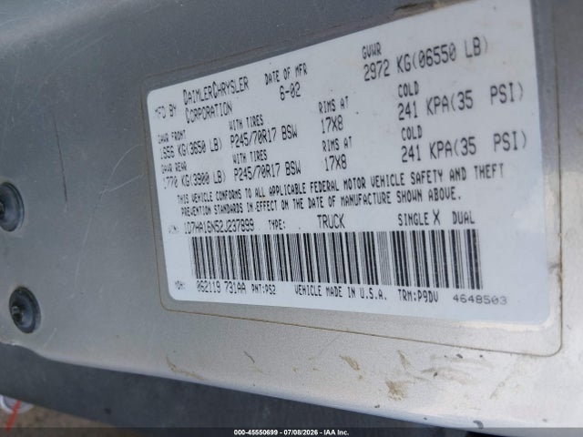 Aukcja sprzedaży 2002 Dodge Ram 1500 St, vin: 1D7HA16N52J237899, numer aukcji: 45550699