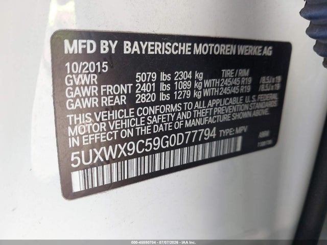 45550704 :رقم المزاد ، 5UXWX9C59G0D77794 vin ، 2016 Bmw X3 Xdrive28i مزاد بيع