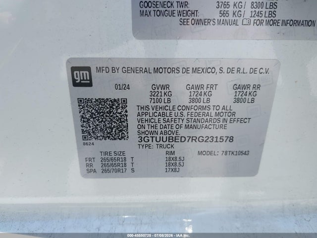 2024 Gmc Sierra 1500 4wd  Short Box Sle მანქანა იყიდება აუქციონზე, vin: 3GTUUBED7RG231578, აუქციონის ნომერი: 45550725