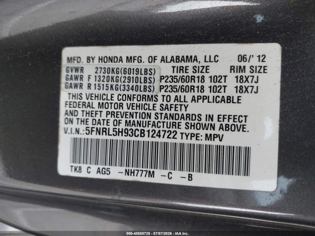 Aukcja sprzedaży 2012 Honda Odyssey Touring/touring Elite, vin: 5FNRL5H93CB124722, numer aukcji: 45550728