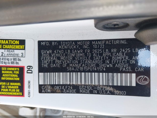 Продаж на аукціоні авто 2023 Lexus Es 350 F Sport Handling, vin: 58AJZ1B15PU141174, номер лоту: 45550736