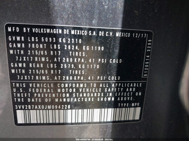 Продажа на аукционе авто 2018 Volkswagen Tiguan 2.0t Se/2.0t Sel, vin: 3VV2B7AX0JM094226, номер лота: 45550790