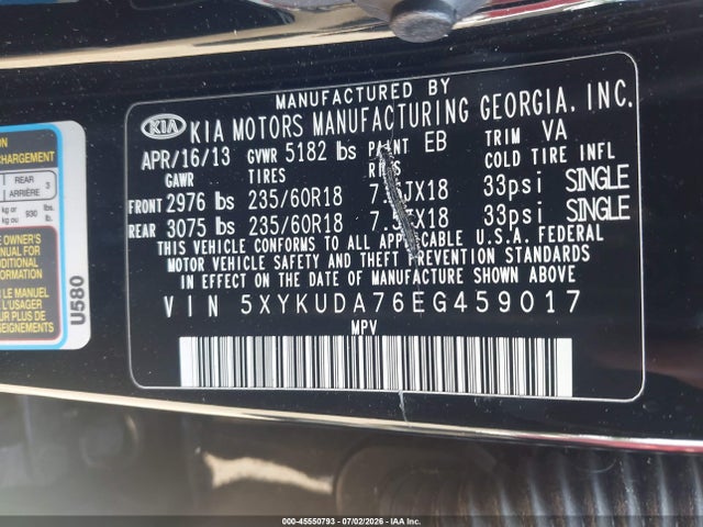 45550793 :رقم المزاد ، 5XYKUDA76EG459017 vin ، 2014 Kia Sorento Ex V6 مزاد بيع
