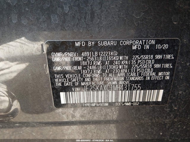 2021 Subaru Forester Touring მანქანა იყიდება აუქციონზე, vin: JF2SKAXC1MH431755, აუქციონის ნომერი: 45550802
