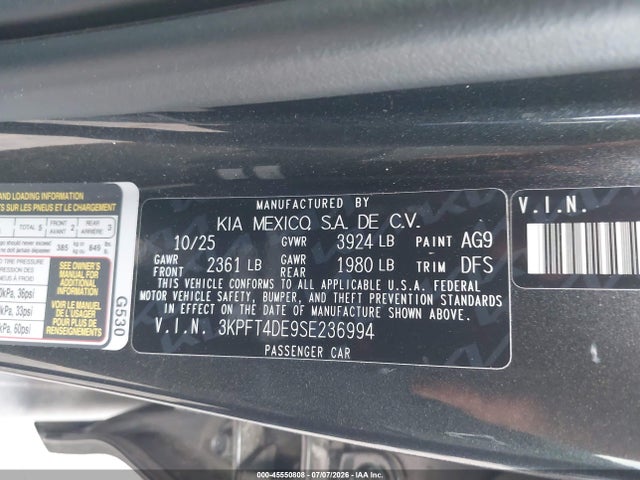2025 Kia K4 Lx მანქანა იყიდება აუქციონზე, vin: 3KPFT4DE9SE236994, აუქციონის ნომერი: 45550808