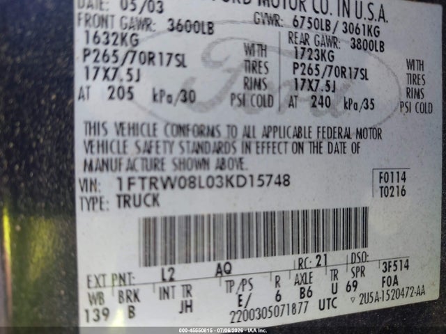 Продажа на аукционе авто 2003 Ford F-150 Lariat/xlt, vin: 1FTRW08L03KD15748, номер лота: 45550815