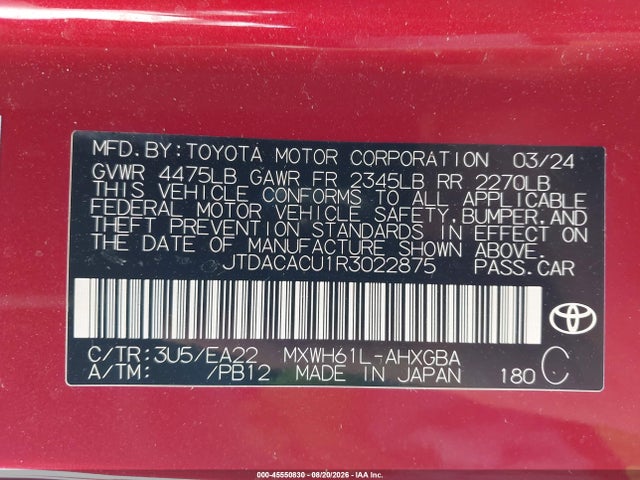 Продажа на аукционе авто 2024 Toyota Prius Prime Xse, vin: JTDACACU1R3022875, номер лота: 45550830