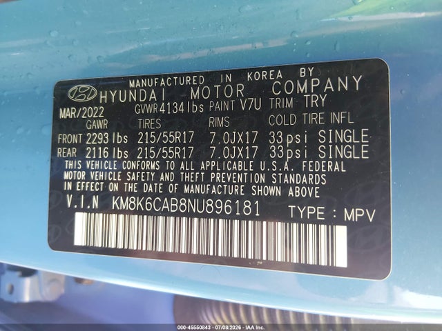 Aukcja sprzedaży 2022 Hyundai Kona Sel, vin: KM8K6CAB8NU896181, numer aukcji: 45550843