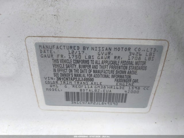 45550844 :رقم المزاد ، 3N1CN7AP2JL849590 vin ، 2018 Nissan Versa 1.6 Sv مزاد بيع