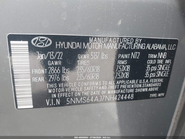 Aukcja sprzedaży 2022 Hyundai Santa Fe Sel, vin: 5NMS64AJ7NH424448, numer aukcji: 45550854