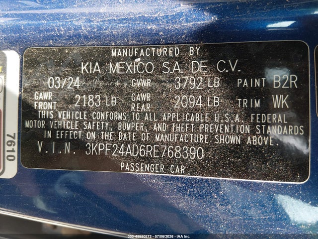 2024 Kia Forte Lxs მანქანა იყიდება აუქციონზე, vin: 3KPF24AD6RE768390, აუქციონის ნომერი: 45550872