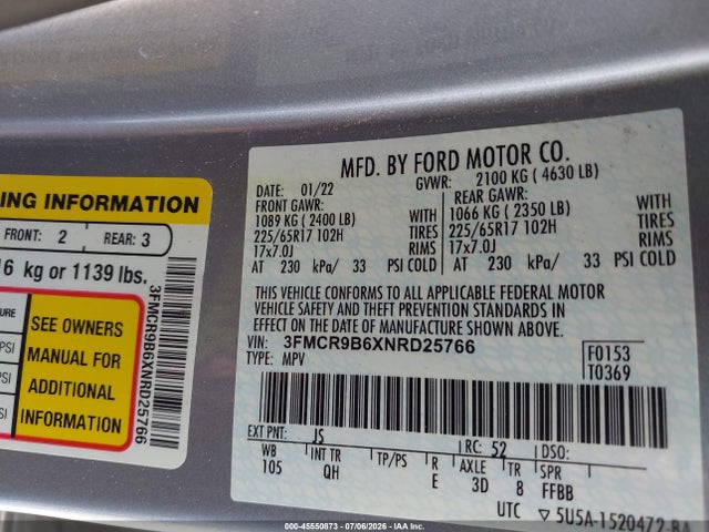 45550873 :رقم المزاد ، 3FMCR9B6XNRD25766 vin ، 2022 Ford Bronco Sport Big Bend مزاد بيع