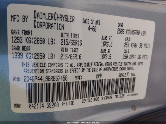 2006 Dodge Grand Caravan Sxt მანქანა იყიდება აუქციონზე, vin: 2D4GP44L96R857456, აუქციონის ნომერი: 45550874