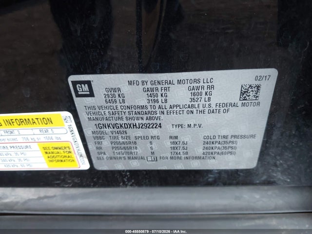 1GNKVGKDXHJ292224 Chevrolet Traverse Lt