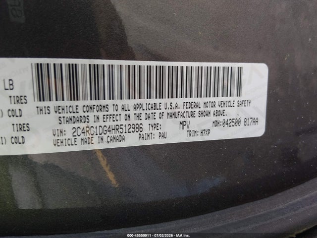 45550911 :رقم المزاد ، 2C4RC1DG4HR512986 vin ، 2017 Chrysler Pacifica Touring مزاد بيع