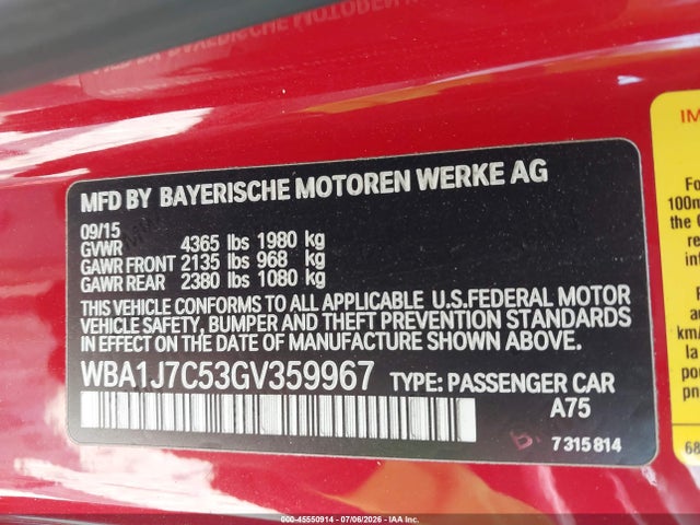 45550914 :رقم المزاد ، WBA1J7C53GV359967 vin ، 2016 Bmw M235i مزاد بيع