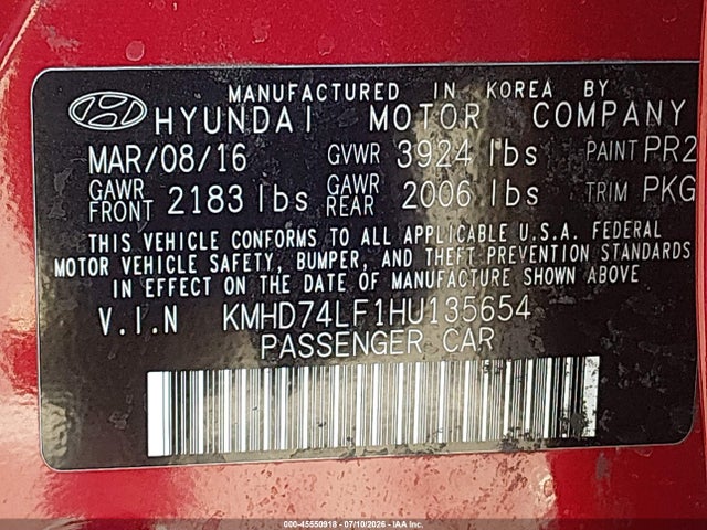 KMHD74LF1HU135654 Hyundai ELANTRA SE