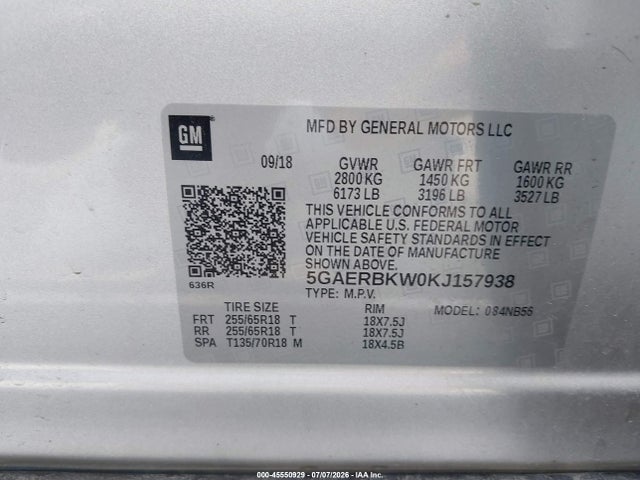 45550929 :رقم المزاد ، 5GAERBKW0KJ157938 vin ، 2019 Buick Enclave Fwd Essence مزاد بيع