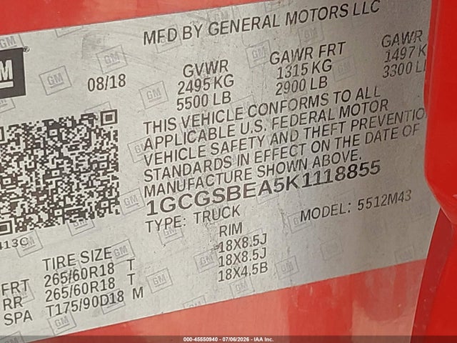 1GCGSBEA5K1118855 Chevrolet Colorado Wt