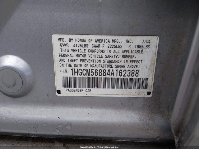 Продаж на аукціоні авто 2004 Honda Accord 2.4 Ex, vin: 1HGCM56884A162388, номер лоту: 45550946