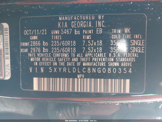 45550952 :رقم المزاد ، 5XYRLDLC8NG080354 vin ، 2022 Kia Sorento X-line S مزاد بيع