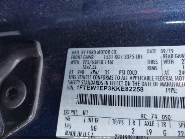 Aukcja sprzedaży 2019 Ford F-150 Xlt, vin: 1FTEW1EP3KKE82258, numer aukcji: 45550966