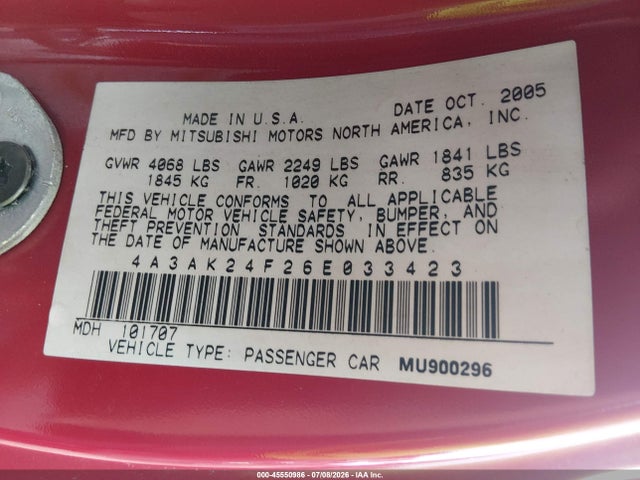 45550986 :رقم المزاد ، 4A3AK24F26E033423 vin ، 2006 Mitsubishi Eclipse Gs مزاد بيع
