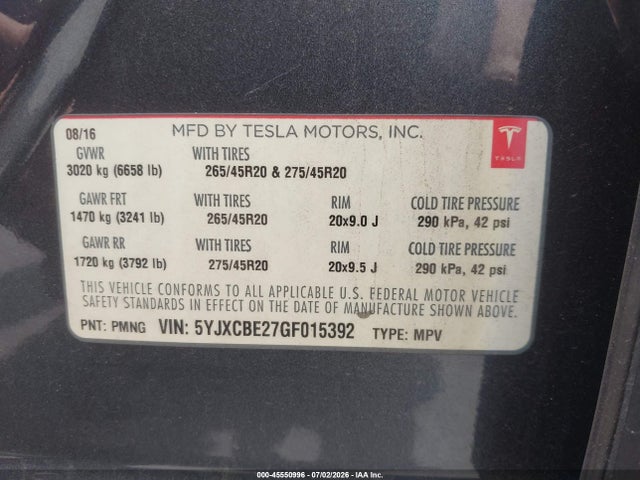 Tesla Model X 60d/70d/75d/90d/p100d 2016 5YJXCBE27GF015392 Image 9
