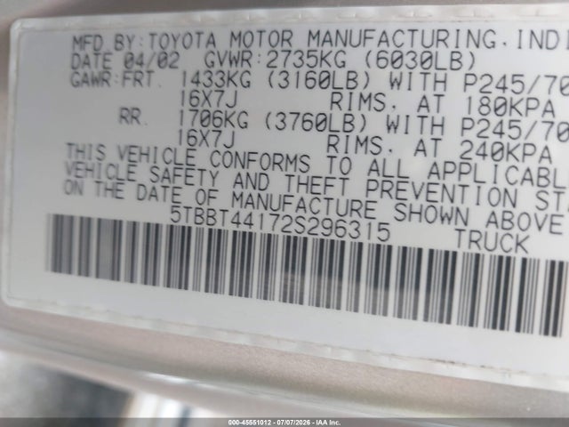2002 Toyota Tundra Sr5 V8 მანქანა იყიდება აუქციონზე, vin: 5TBBT44172S296315, აუქციონის ნომერი: 45551012