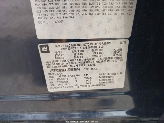 45551025 :رقم المزاد ، LRBFXBSAXLD083844 vin ، 2020 Buick Envision Fwd Preferred مزاد بيع