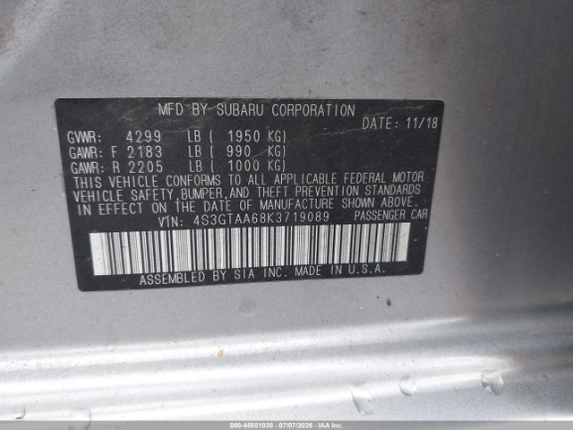 Продажа на аукционе авто 2019 Subaru Impreza 2.0i, vin: 4S3GTAA68K3719089, номер лота: 45551030