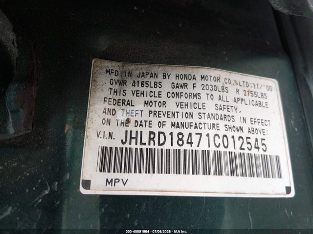 2001 Honda Cr-v Lx მანქანა იყიდება აუქციონზე, vin: JHLRD18471C012545, აუქციონის ნომერი: 45551064