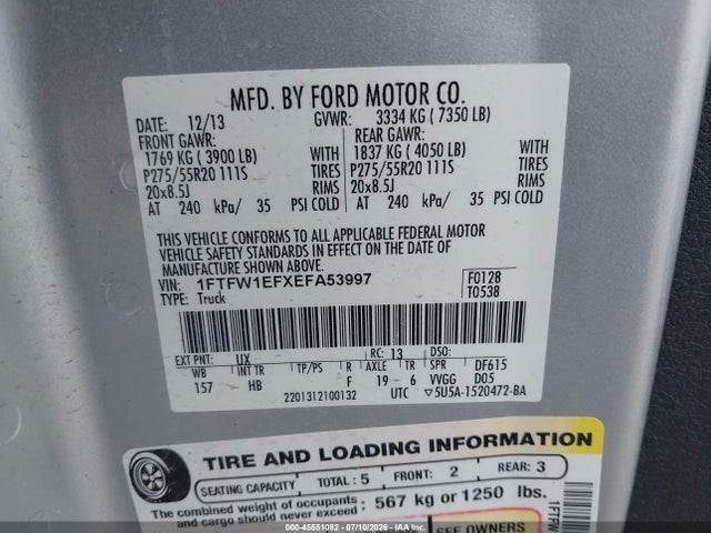 Aukcja sprzedaży 2014 Ford F-150 Fx4/king Ranch/lariat/platinum/stx/xl/xlt, vin: 1FTFW1EFXEFA53997, numer aukcji: 45551082