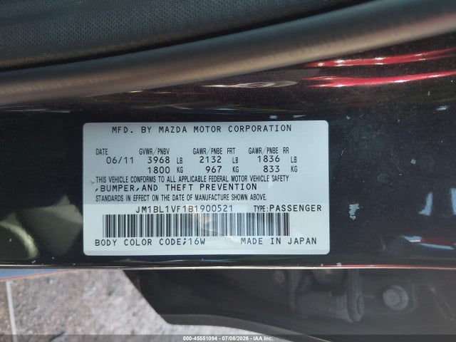 Aukcja sprzedaży 2011 Mazda Mazda3 I Touring, vin: JM1BL1VF1B1900521, numer aukcji: 45551094
