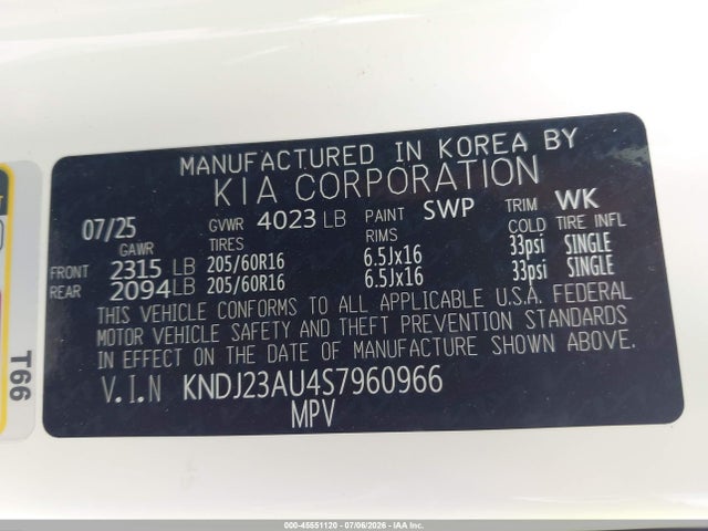 Aukcja sprzedaży 2025 Kia Soul Lx, vin: KNDJ23AU4S7960966, numer aukcji: 45551120