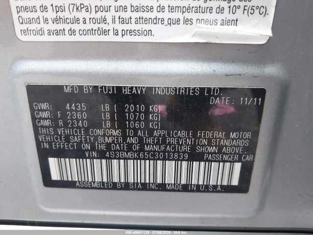 Aukcja sprzedaży 2012 Subaru Legacy 2.5i Limited, vin: 4S3BMBK65C3013839, numer aukcji: 45551129