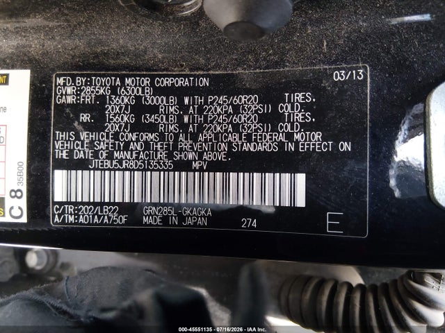 45551135 :رقم المزاد ، JTEBU5JR8D5135335 vin ، 2013 Toyota 4runner Limited مزاد بيع