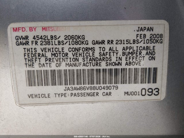Продажа на аукционе авто 2008 Mitsubishi Lancer Evolution Gsr, vin: JA3AW86V88U049079, номер лота: 45551146