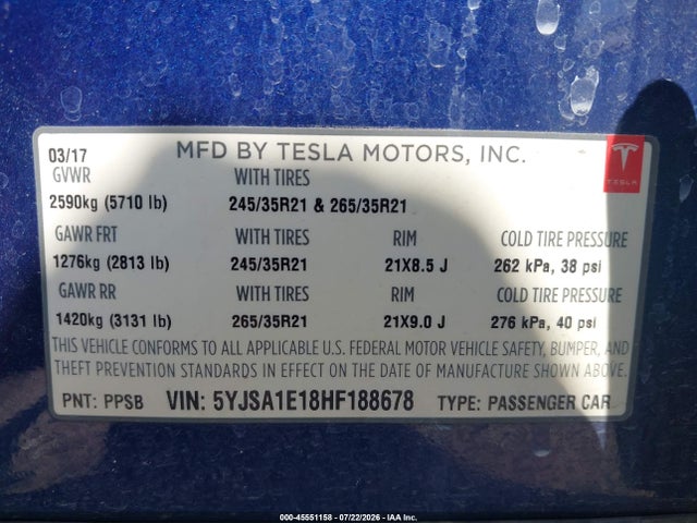 Продажа на аукционе авто 2017 Tesla Model S 60/75, vin: 5YJSA1E18HF188678, номер лота: 45551158